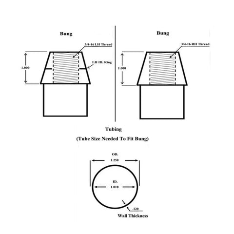 Beefy Chromoly Heim Joints In A No Fluff Set 5/8 Bore 3/4 16 Thread Heavy Duty Rod Ends With Matched Jam Nuts And Sleeves Hard Chrome Plated For Serious Street Build Projects diagram showing left and right hand bung details with tube size specifications.