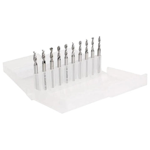 Ten alloy twist bits on white tray, PCB Drill Bit Set For Tiny Holes 0.2mm To 3.175mm, Mini CNC Ready, 10-Piece Kit, 38mm Length
