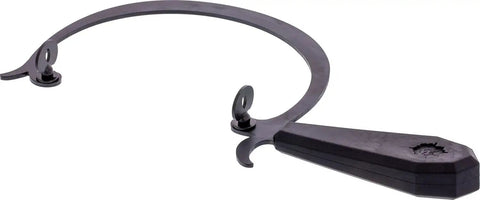 Beast Of A Jeweler's Saw Frame With 4.25 Inch Depth And Black Hard Rubber Handle, Sturdy 11 Gauge Steel, 7 Oz Weight, Quick Blade Changes Via Thumb Screws, Made In USA, Rugged Craft Tool For Jewelry Making And Metalwork. Close-up of saw frame on white background.