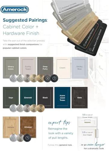 Suggested cabinet color and hardware finish pairings with Amerock branding, showing swatches and pulls in various shades.
