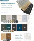 Color and hardware pairing suggestions for cabinets, featuring various shades and finishes.