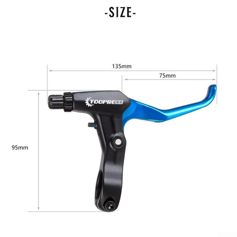 Dual Compatible Brake Lever Set For V Brakes And Disc Brakes, Aluminum Alloy Ergonomic Levers, Blue Finish, Side View with Dimensions
