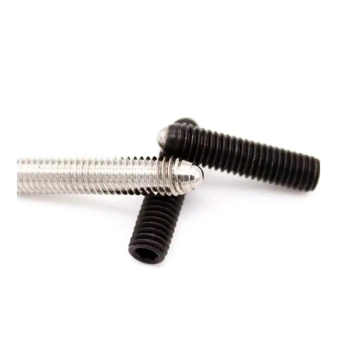 Heavy Duty 304 Stainless Steel Socket Set Screws Black Oxide Metric M8 M10 M12 Cone Point Fasteners on white background.