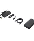 Thunderbolt 4 Workstation Dock With 230W Power And 4K To 8K Video Output bundled with power adapter and cables.