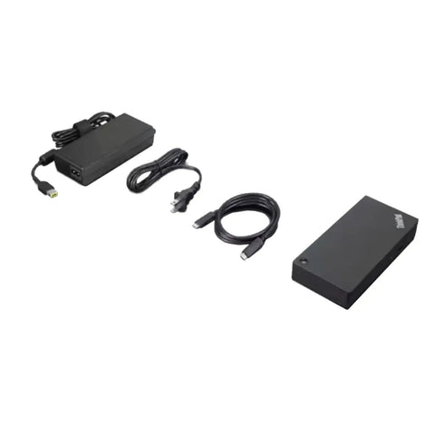 Thunderbolt 4 Workstation Dock With 230W Power And 4K To 8K Video Output bundled with power adapter and cables.
