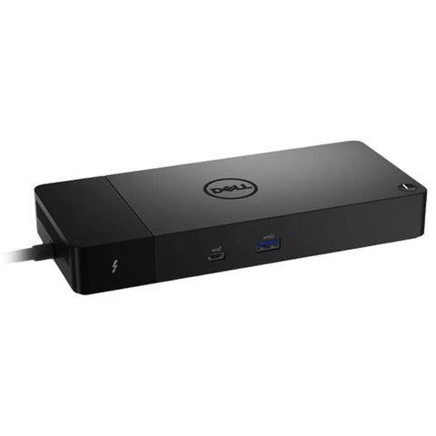 Thunderbolt WD22TB4 Professional Dock Hub With 130W Rapid Power Delivery And True Quad 4K Monitor Output Bundle showing black hub with ports.