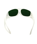 Solid Clear Lens Laser Safety Glasses For 660Nm And 800 To 1095Nm With OD5 Blocker, white frame and green lenses from front view.