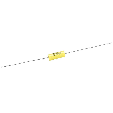 Top Shelf Polyester Film Capacitor Kit 630V 0.022uF Axial Leads showing a yellow axial capacitor with wires for vintage radio use.