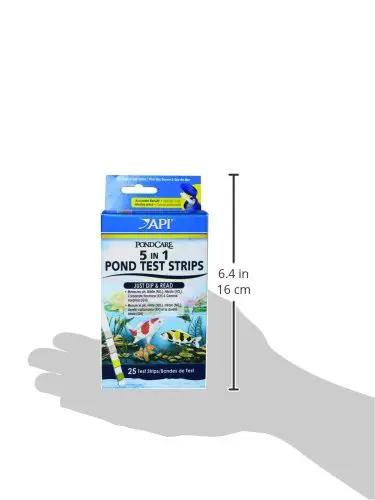 Ace Pond Water Test Strips Check PH Nitrites Nitrates And Hardness In Just Seconds Perfect For Backyard Koi Ponds And Garden Tanks 25 count pack held in hand.