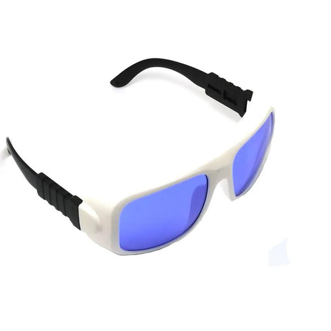 Top Shelf Pulsed Dye Laser Safety Glasses With Hella Solid OD4 Plus Protection For 585 To 595Nm Yellow Laser Workflows featuring white frame and blue lenses.