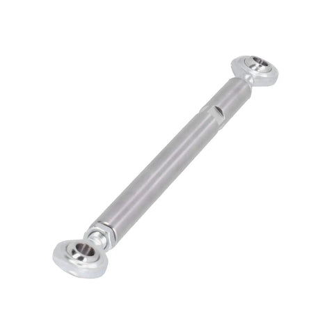 Heavy Duty Adjustable Alternator Bracket With Solid 3 8 Inch Heim Joint and Universal Engine Tensioner Rod for Small Block and Big Block Chevy 350 454 V8s, shown from side angle.