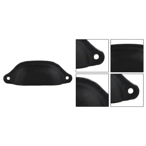 Vintage Half Moon Cup Pulls 30 Pack Pressed Steel Cabinet Handles Kickass Yellow Top Shelf Rustic Farmhouse Hardware Total Upgraded Look For Antique Wood Drawers And Furniture black handle with holes for screws, side view and close-ups.