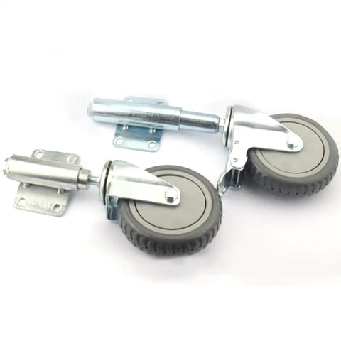 Heavy Duty Spring Loaded Gate Casters With Shock Absorbing Polyurethane Wheels For Rolling Like A Dream And Eliminating Gate Drag On Wood Or Steel Fencing Supports Two Hundred Twenty Pounds, showing a pair of galvanized swivel wheels.