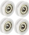 Four Pack V Groove Bearing Pulleys Featuring Rock Hard Metal Rollers Wrapped In Beefy Nylon Wheels for rail systems.