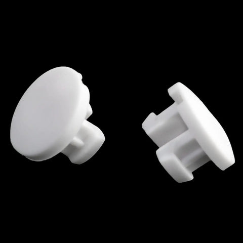 Top Shelf White Bottom Rail Cord Cover Buttons For Horizontal Blinds Repair, Pack Of Twelve Heavy Duty Tape Lock Plugs angled view.