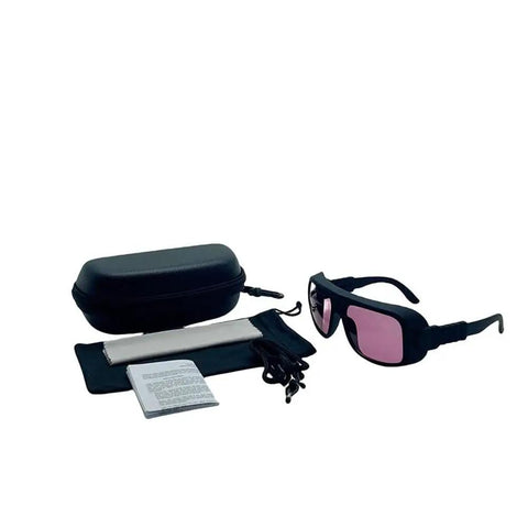 Badass Laser Protection Glasses For 755Nm And 808Nm With Legit Top Tier Optical Density Plus Smooth Comfort Fit displayed with case and accessories.
