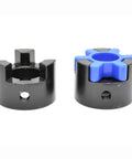 Tough As Nails Cast Steel Shaft Adapter And Heavy Duty Vibration Dampening Motor Coupler For CNC Engravers, side view of black and blue couplers.