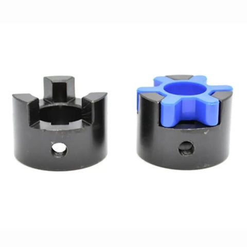 Tough As Nails Cast Steel Shaft Adapter And Heavy Duty Vibration Dampening Motor Coupler For CNC Engravers, side view of black and blue couplers.