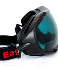 Heavy Duty Laser Safety Goggles Featuring Wide Spectrum Od4 Polycarbonate Lenses That Block Harmful Uv And Infrared Rays For Lab Tasks And Workshop Projects Providing Rock Solid Eye Protection With A Comfy Fit For Serious Shop Use No Cap side view of black laser safety goggles with tinted lenses and adjustable strap
