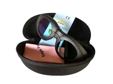 Top Shelf Laser Safety Glasses Delivering Hella Secure Eye Shielding For 980Nm Through 2500Nm Beams in hard case with cleaning cloth.