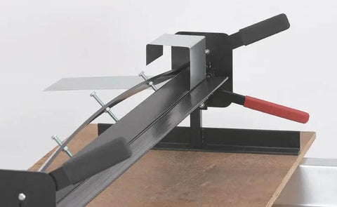 Portable Mini Metal Brake 48 Inch 22 Gauge Capacity Bends Up To 135 Degrees shown in side view on wooden table