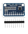 16-Bit I2C ADC Development Board for Microcontrollers with ADS1115, soldered pins, 860 samples per second, top view with dimensions