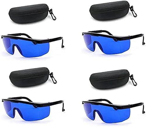 Top Shelf Laser Safety Glasses With Blue Tint Lenses Blocking 190Nm To 540Nm Rays Superlightweight Soft Plastic Shell in black cases.