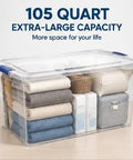 Heavy Duty 105 Quart Storage Bin With Secure Snap Latches And Clear Base Keeps Bedding And Sports Gear Safely Stacked Away In A Fly Blue Container That Makes Home Organization A Real Game Changer, filled with blankets and baskets.