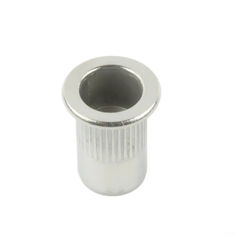 Close-up of a stainless steel flat head knurled rivet nut from Rivet Nut Assortment Kit Stainless Steel One Quarter Twenty Flat Head Knurled Rivet Nuts For Metal Plastic And Fiberglass Installations, Automotive And DIYers, Heavy Duty Fastening Set showing details.