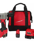 Heavy Duty Cordless Rivet Gun Workhorse Pumping Out A Solid 2000 Lbs Clamping Force Featuring Roomy 10 75 Inch Jaw Gap Wrapped In A Badass Contractor Gear Bag.