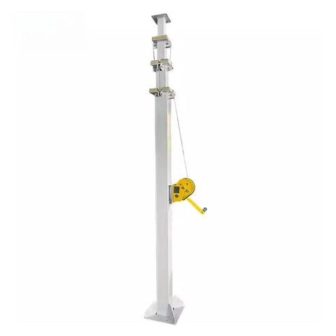 Rock Solid Hand Cranked Lifting Pole With Smooth Manual Telescopic Winch And High Strength Aluminum Frame For Hassle Free Antenna Setup Up To Eight Meters Quick Deploy, shown in vertical position with yellow winch.