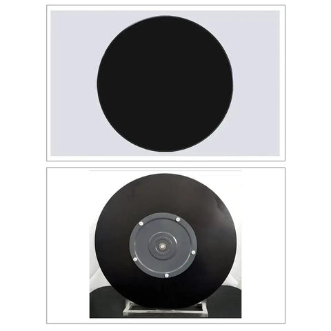 Top Shelf 31 Inch Black Tempered Glass Lazy Susan Turntable showing top and underside views, perfect for kitchen or dining use.