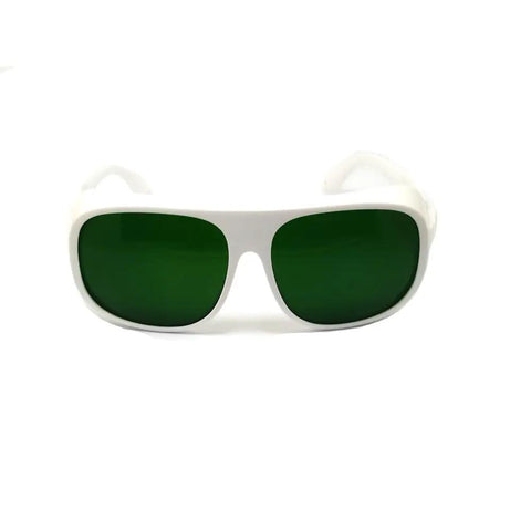Heavy Duty Laser Safety Glasses, Big Time Telecom And Nd:Yag Diode Eye Protection with green lenses and white frame.