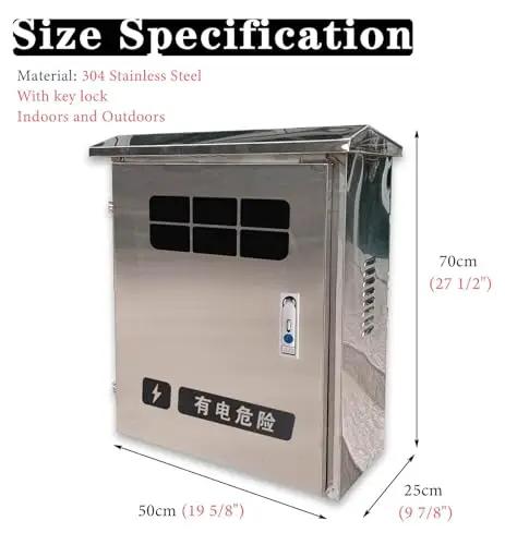 Tough As Nails Rock Solid Waterproof Stainless Steel EV Charger Box Cover With Key Lock and Wall Mount, showing size specs.