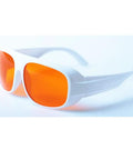 Premium Od5 Plus Laser Safety Glasses Featuring Snug Fit Frames blocking violet blue and green beams with orange lens.