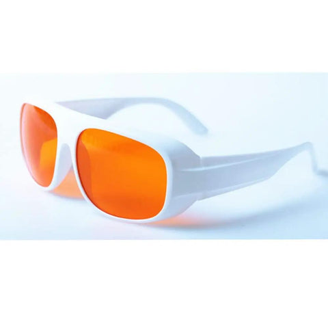 Premium Od5 Plus Laser Safety Glasses Featuring Snug Fit Frames blocking violet blue and green beams with orange lens.