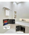 Heavy Duty Concealed Door Hinges Stainless Steel Invisible Hardware For Ultra Slick Hidden Access Panels And Bathroom Inspection Doors With Tight No Hassle Tile Or Drywall Setup, shown on hidden tile door and bathtub door.