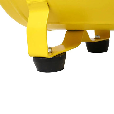 Feet and base of the 10 Gallon Oil Lubricated Air Compressor With 3.5HP Industrial Motor, showing sturdy yellow steel construction.