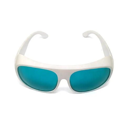 Straight Up Tough Laser Safety Glasses For Red Beam Work Featuring Od6 Plus Filter And Dir Lb5 Rating Across 620 To 700 Nm Range view of white frame with blue lenses