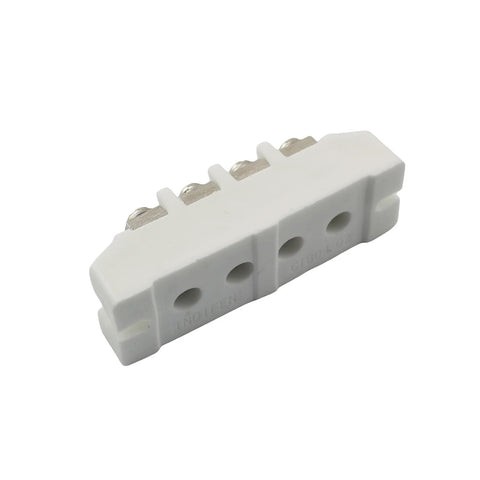 Four-position white ceramic terminal block with top screw terminals for high-current electrical connections.