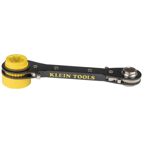 Six In One Lineman's Ratcheting Wrench With Bolt Through Design And Bright Yellow Socket For Utility Pole Hardware