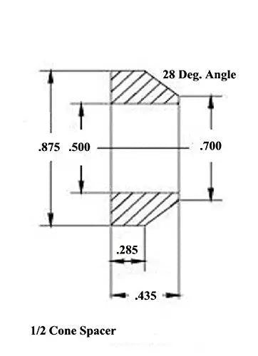 Diagram of 1/2 Cone Spacer dimensions showing a 28-degree angle and specific measurements for the Badass 1/2 X 20 Rod End Kit.