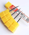 Front view of HUHAO 5-pack router bits with yellow protective sleeves, 1/8 in shank, carbide tips