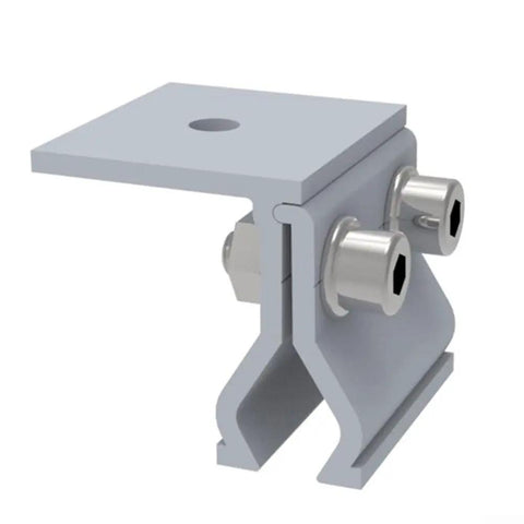 Rock Solid Standing Seam Roof Clamps For Metal Roofs Heavy Duty Aluminum Solar Panel Mounts Railless PV Hardware Easy Install No Drill Setup 4 Piece Kit close-up view of a robust aluminum clamp for metal roofs