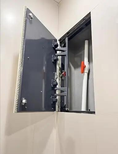 Heavy Duty Concealed Door Hinge Kit Rock Solid Pivot Brackets For Heavy Load Wall Doors And Hidden Access Panels Built To Last bathroom maintenance door with hidden hinges and plumbing access.