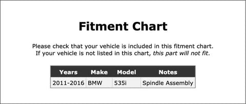 Fitment chart for Rock Solid Rear Wheel Bearing And Hub Assembly For Bmw 535i Models Years 2011 Through 2016, showing compatibility.