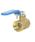 Rock Solid Brass Ball Valve With Blue Lever Handle Designed For Lightning Fast Quarter Turn Plumbing Flow Control And A Tough As Nails Corrosion Resistant Female Thread Setup, side view showing threaded ports.
