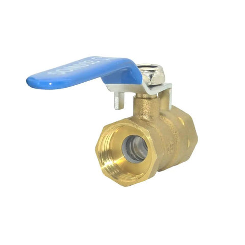 Rock Solid Brass Ball Valve With Blue Lever Handle Designed For Lightning Fast Quarter Turn Plumbing Flow Control And A Tough As Nails Corrosion Resistant Female Thread Setup, side view showing threaded ports.