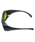Top Tier Infrared Laser Safety Glasses Loaded With Multi Band Optical Density Shields And Slick Clear Lenses Crafted Hella Tough For Nd Yag Diode And Garage Laser Builds, side view with green lenses.