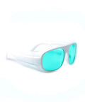 Hardcore Laser Safety Glasses Red Beam Protection OD4 Plus 620 To 700 Nm Range LB4 certified eyewear in white with blue lenses.